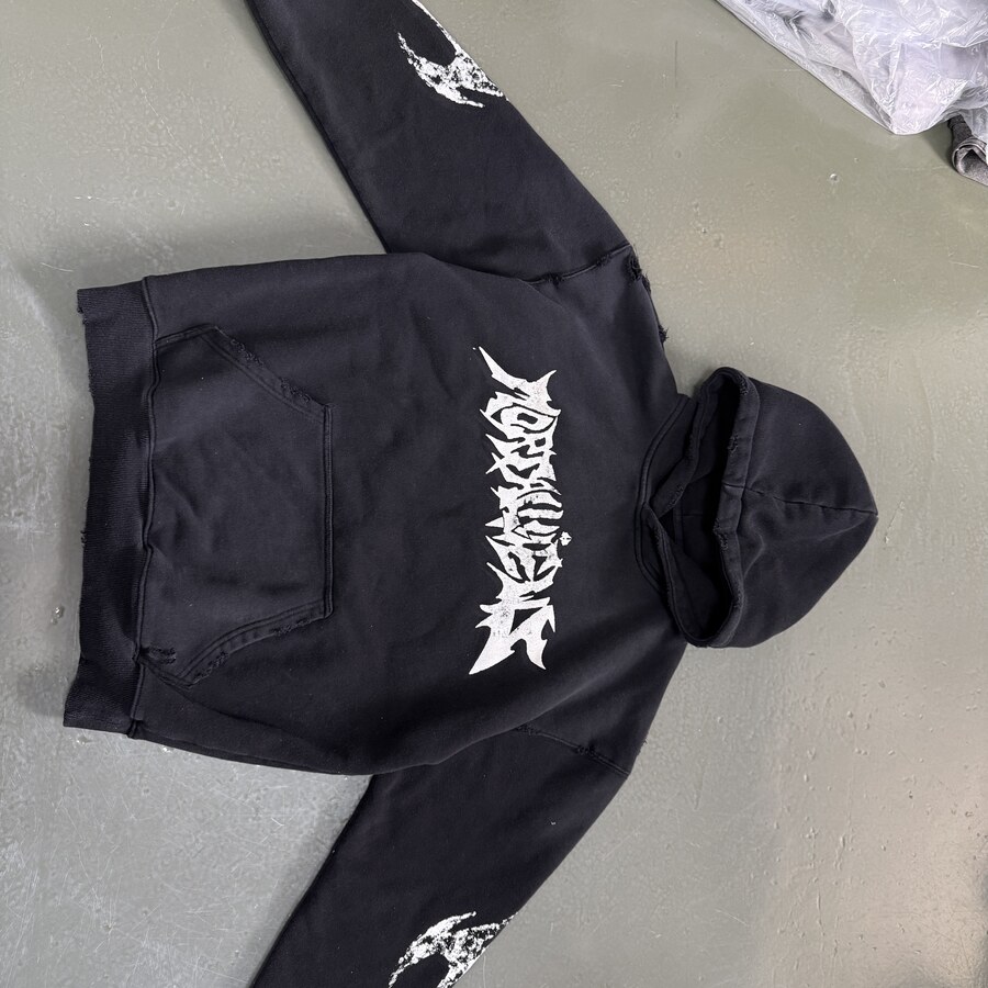 Black custom hoodie sample with sleeve artwork