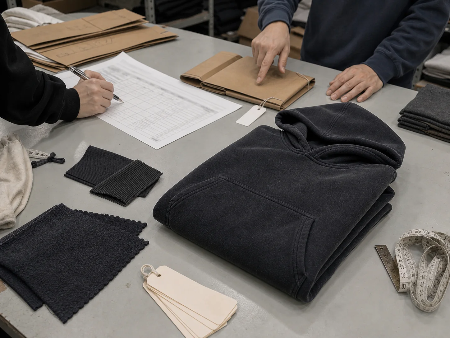 Approved charcoal hoodie arranged with material swatches, packing sample and production worksheet
