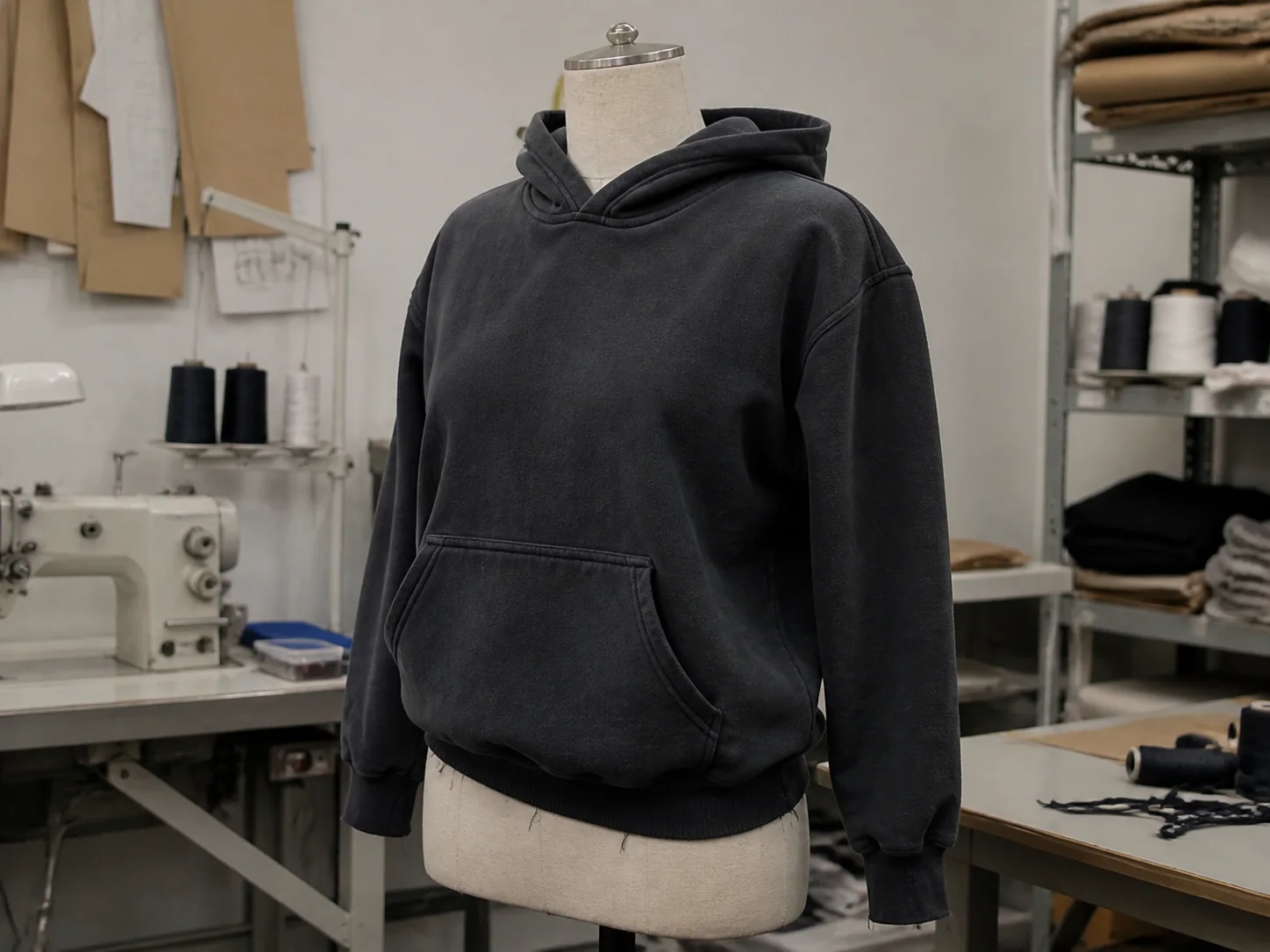 First charcoal hoodie sample on a tailor dress form in a working sample room