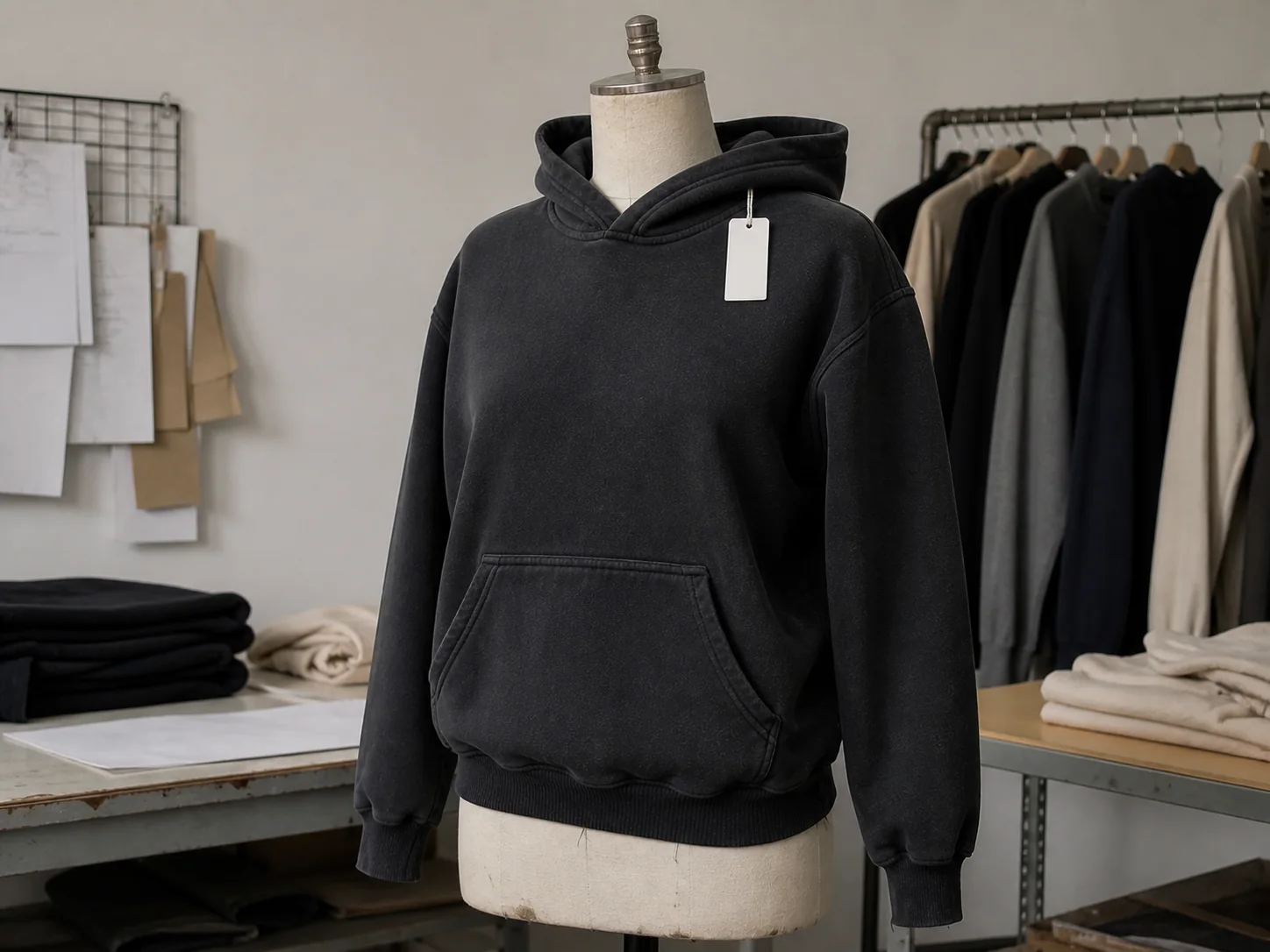 Approved charcoal hoodie sample on a tailor dress form in a garment sample room