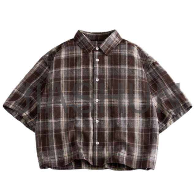 Brown White Grid Checkered Vintage Oversized Boxy Button Up Shirt