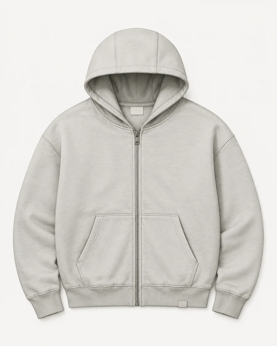 Detailed zip hoodie construction concept showing a panelled hood, shoulder seams, centre zipper, split pockets, rib cuffs and labels