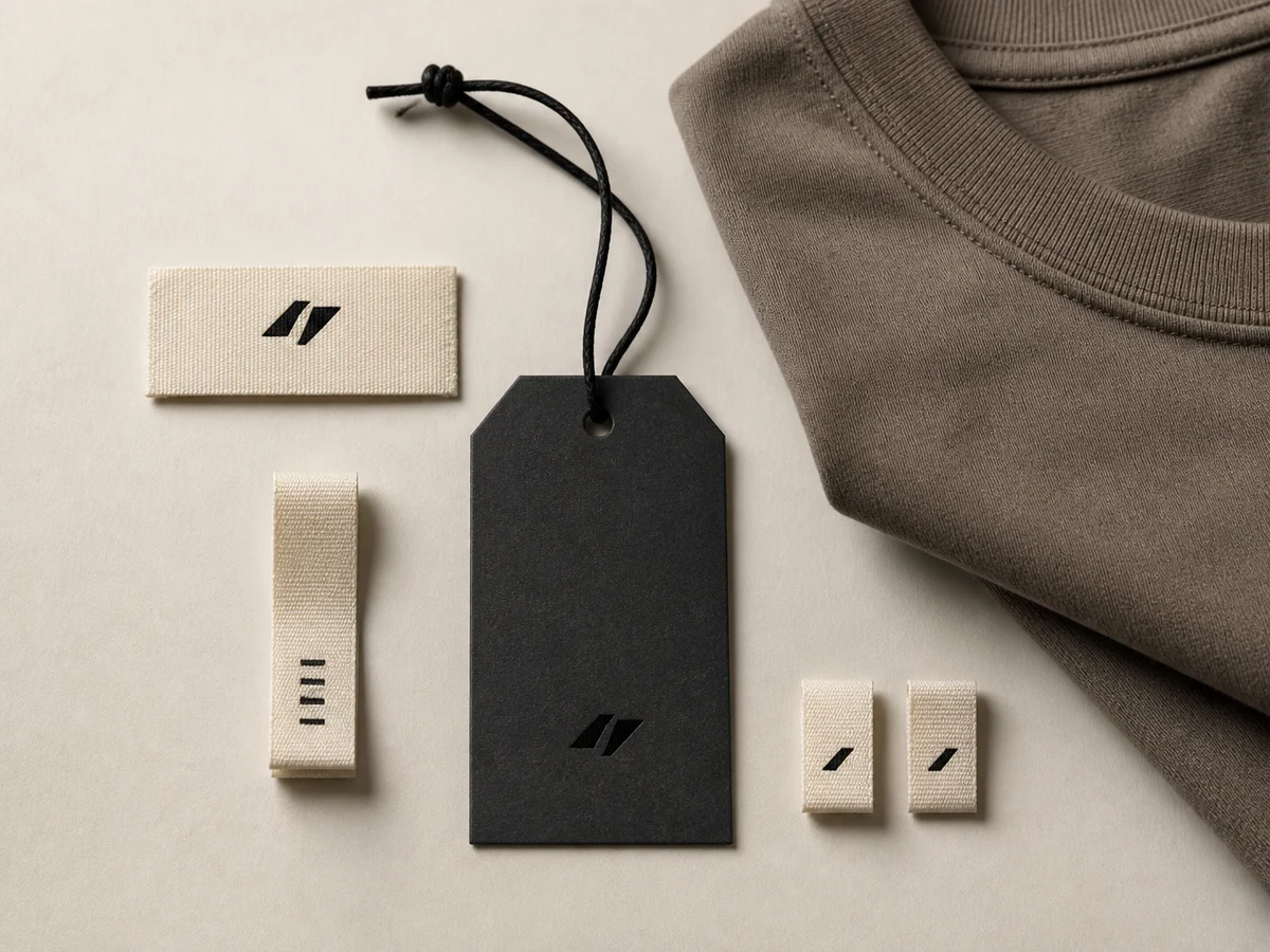 Illustrative woven labels and hang tag for a clothing brand