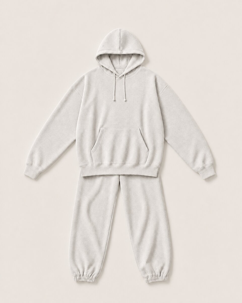 Cream hoodie and joggers shown as a paired silhouette reference