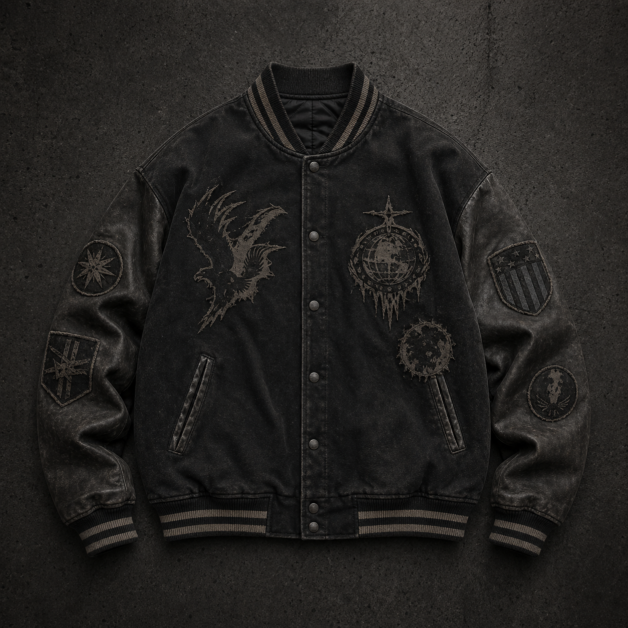 Dark varsity-style jacket with rib trims, snap front and decorated panels