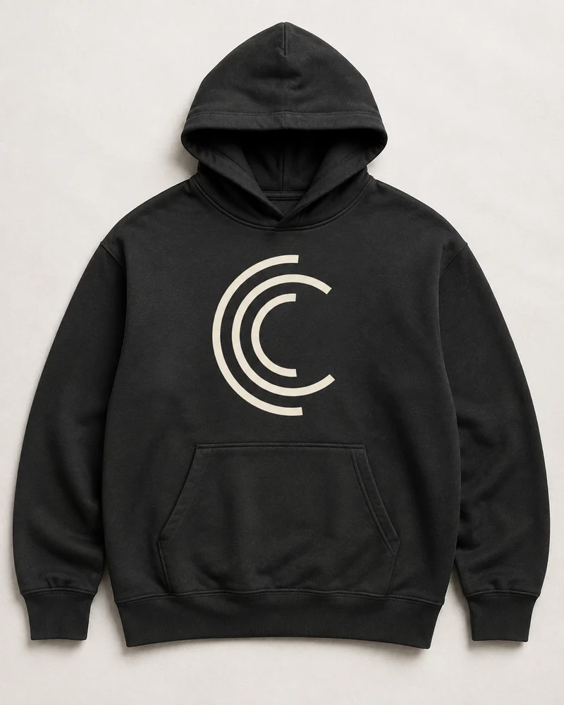 Illustrative complete graphic hoodie combining relaxed fit, chest artwork and rib finishing