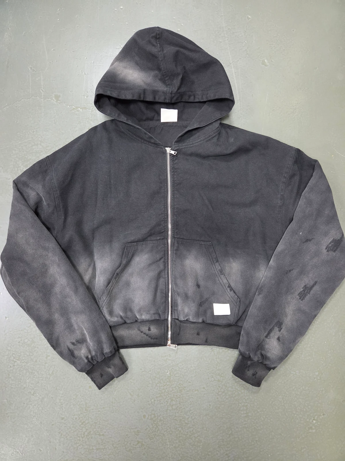 Actual charcoal full-zip hoodie sample with split front pockets