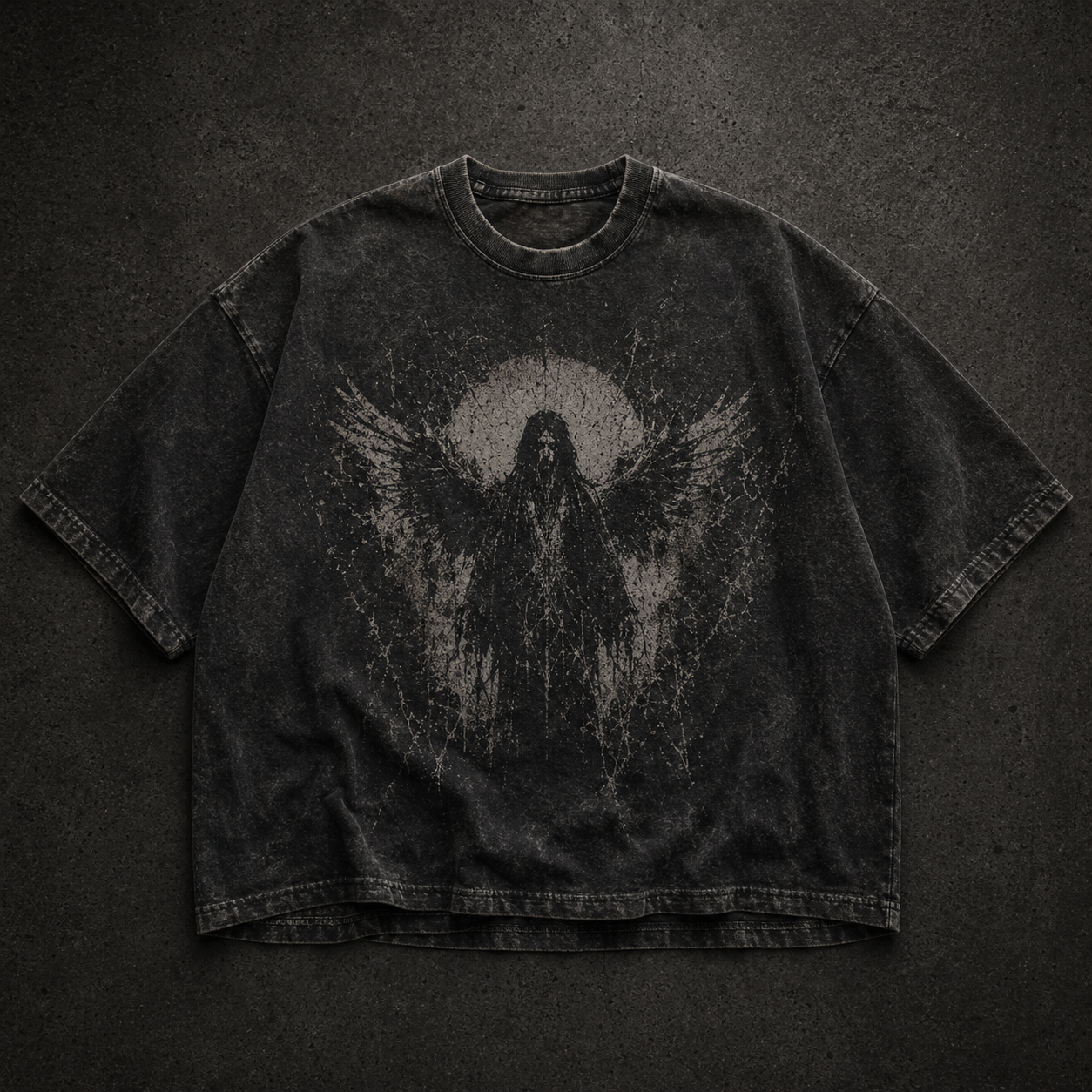 Charcoal T-shirt with a faded surface and distressed graphic