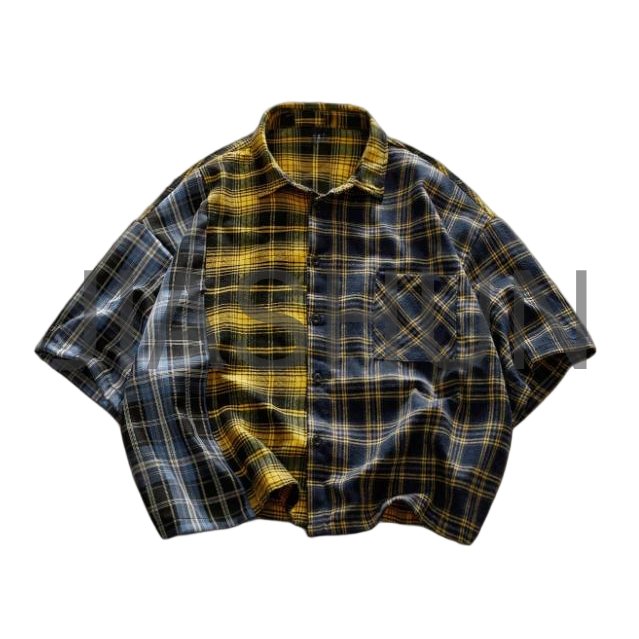 Oversized Cropped Blue-Yellow Plaid Patchwork Button-Front Shirt