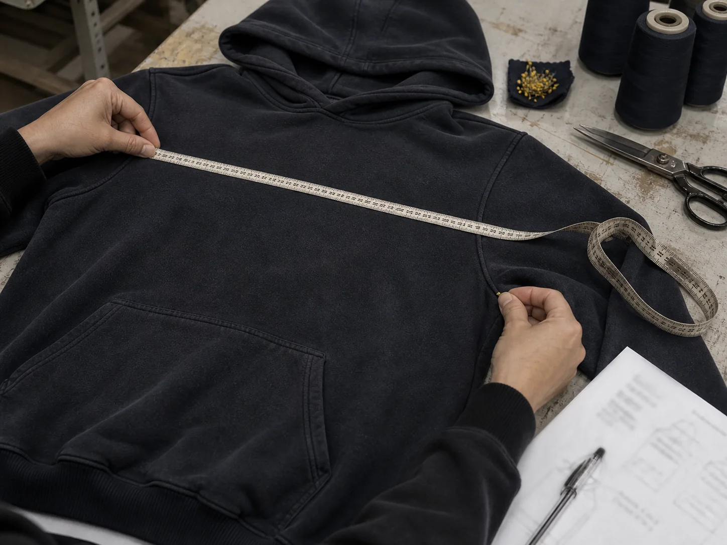Hands measuring a charcoal hoodie sample across the chest during review